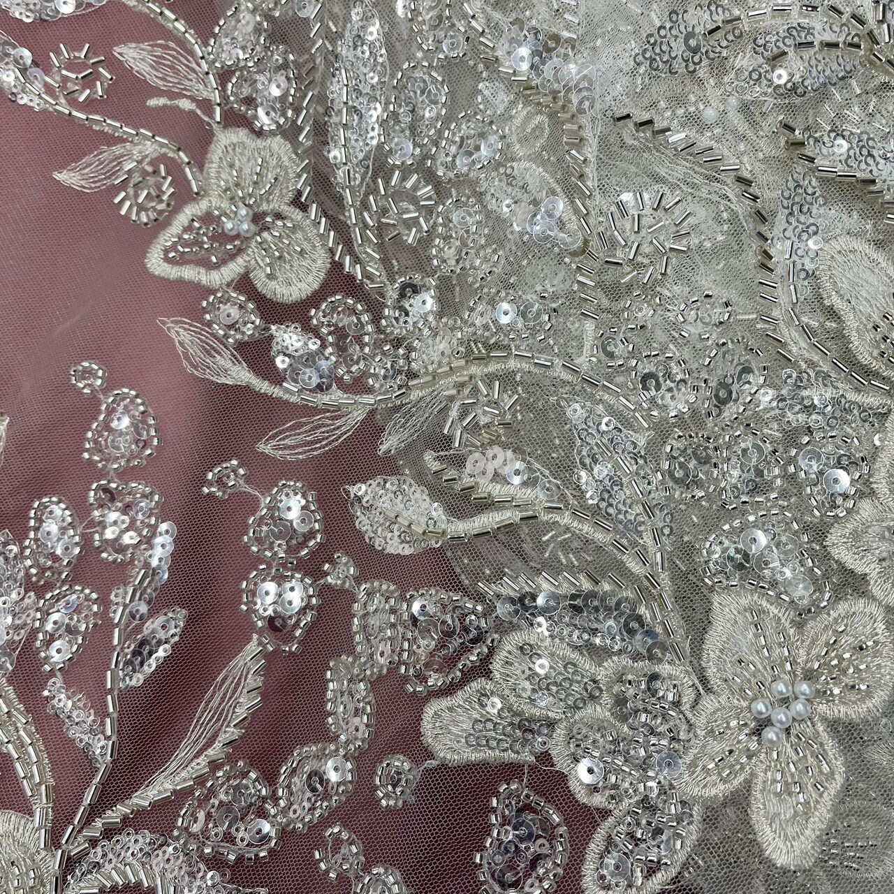 1 Yard Antique Silver Beaded Lace Fabric Embroidered on 100% Polyester Net Mesh 54 Inch Width